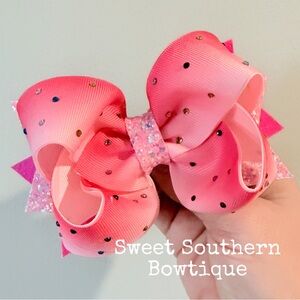 Pink Ombré Rhinestone Boutique Hair Bow With Glitter Tails
